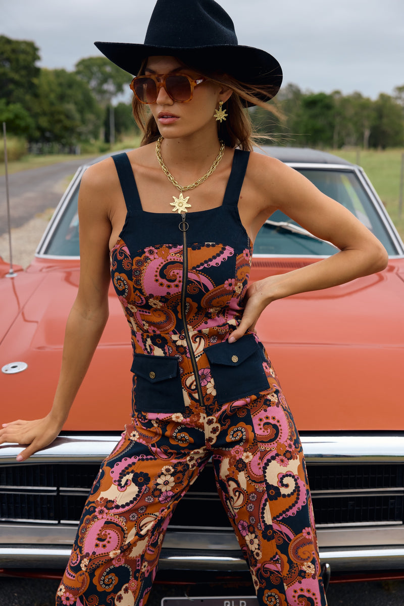 Paisley Flared Jumpsuit — Retro Print Overall | Nine Lives Bazaar