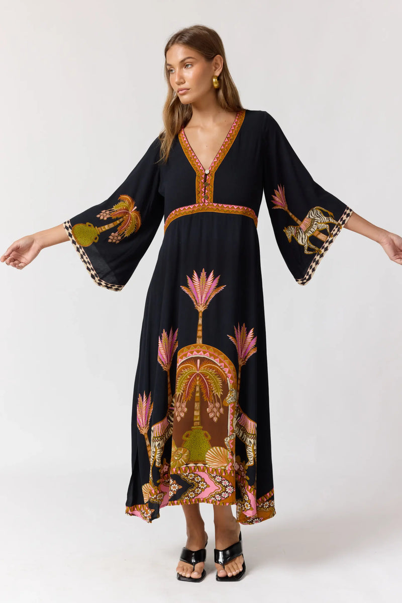 lady bazaar dresses Empire Safari Print Dress Flowy Bell Sleeve Midi Dress Nine Lives Bazaar