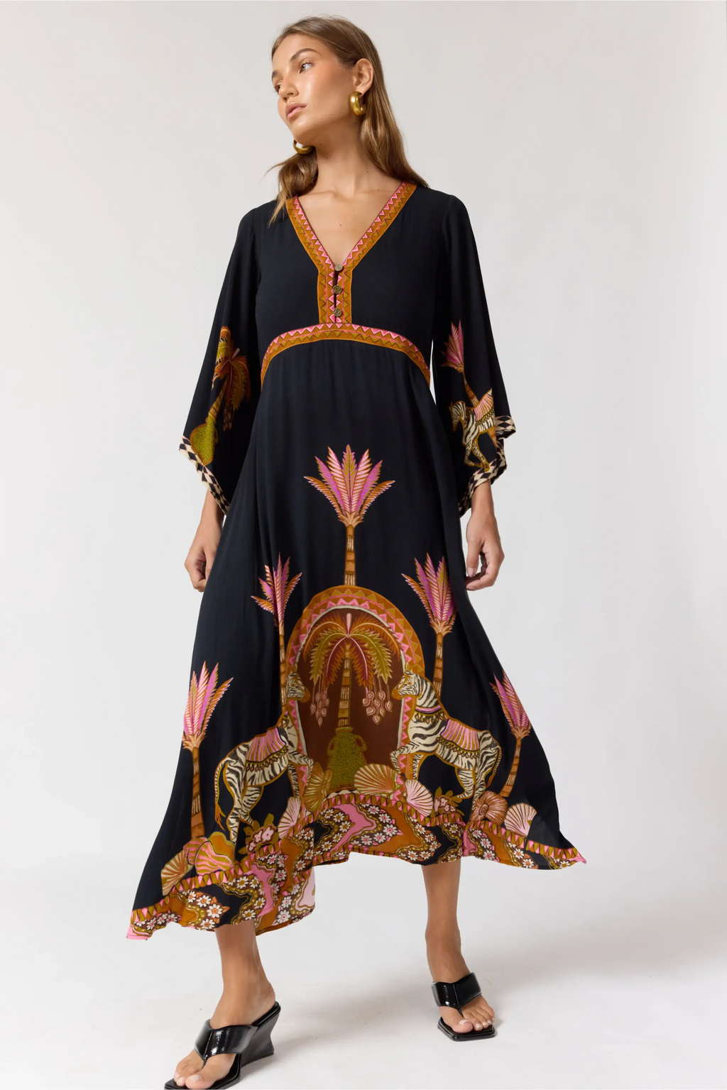 Empire Safari Print Dress – Flowy Bell Sleeve Midi Dress – Nine