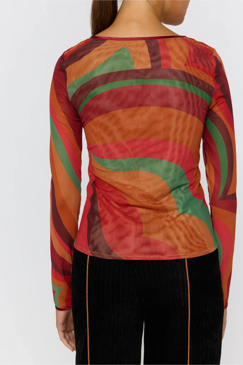 Psychedelic Long Sleeve Top – V-Neck Gathered Top – Nine Lives Bazaar