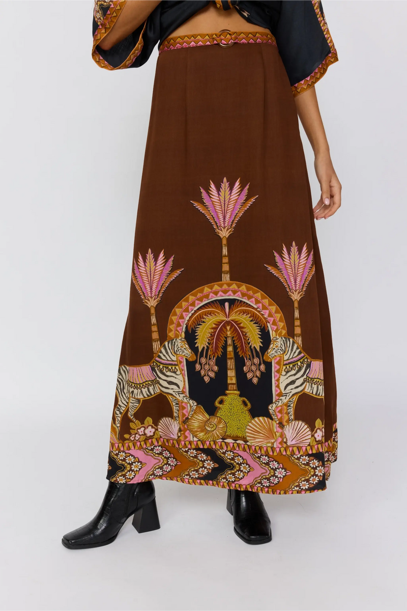 Safari Print A-Line Maxi Skirt with Resin Belt Detail – Nine Lives