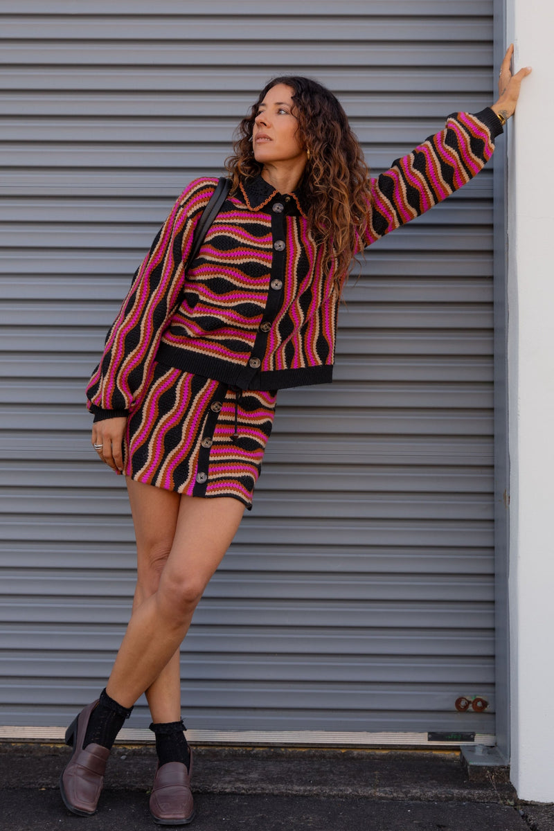 Wavy Knit Cardigan – Drop Shoulder Poet Sleeve Knit – Nine Lives
