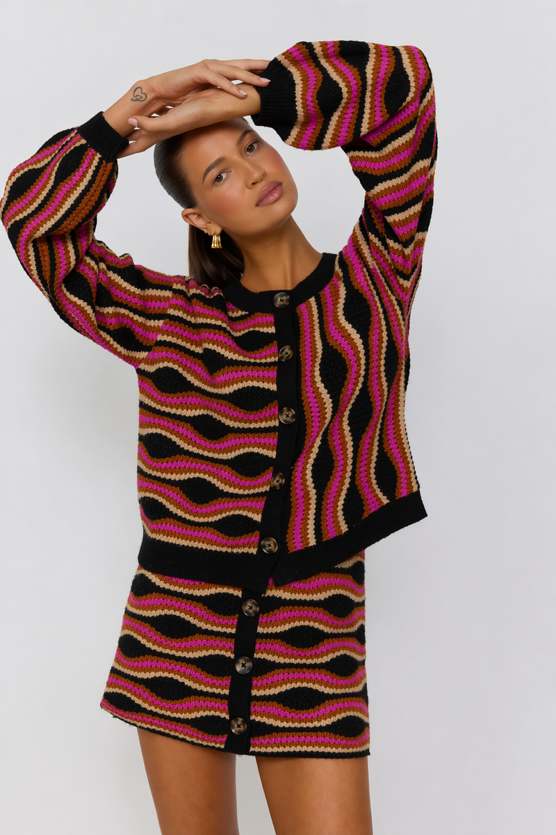 Wavy Knit Mini Skirt – A-Line Retro Drawstring Mini – Nine Lives