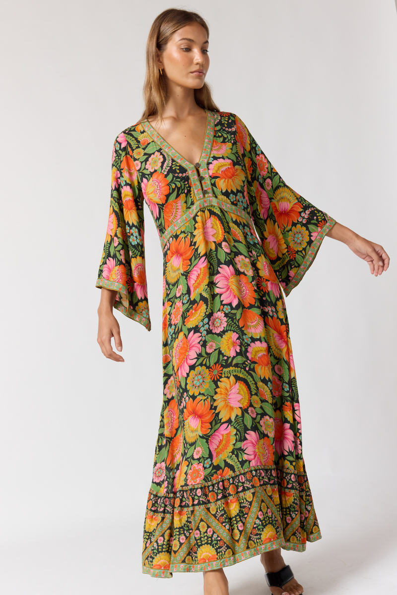 mamacita maxi dress Empire Dress – Fiesta Flowy Button Front Statement Dress – Nine Lives Bazaar