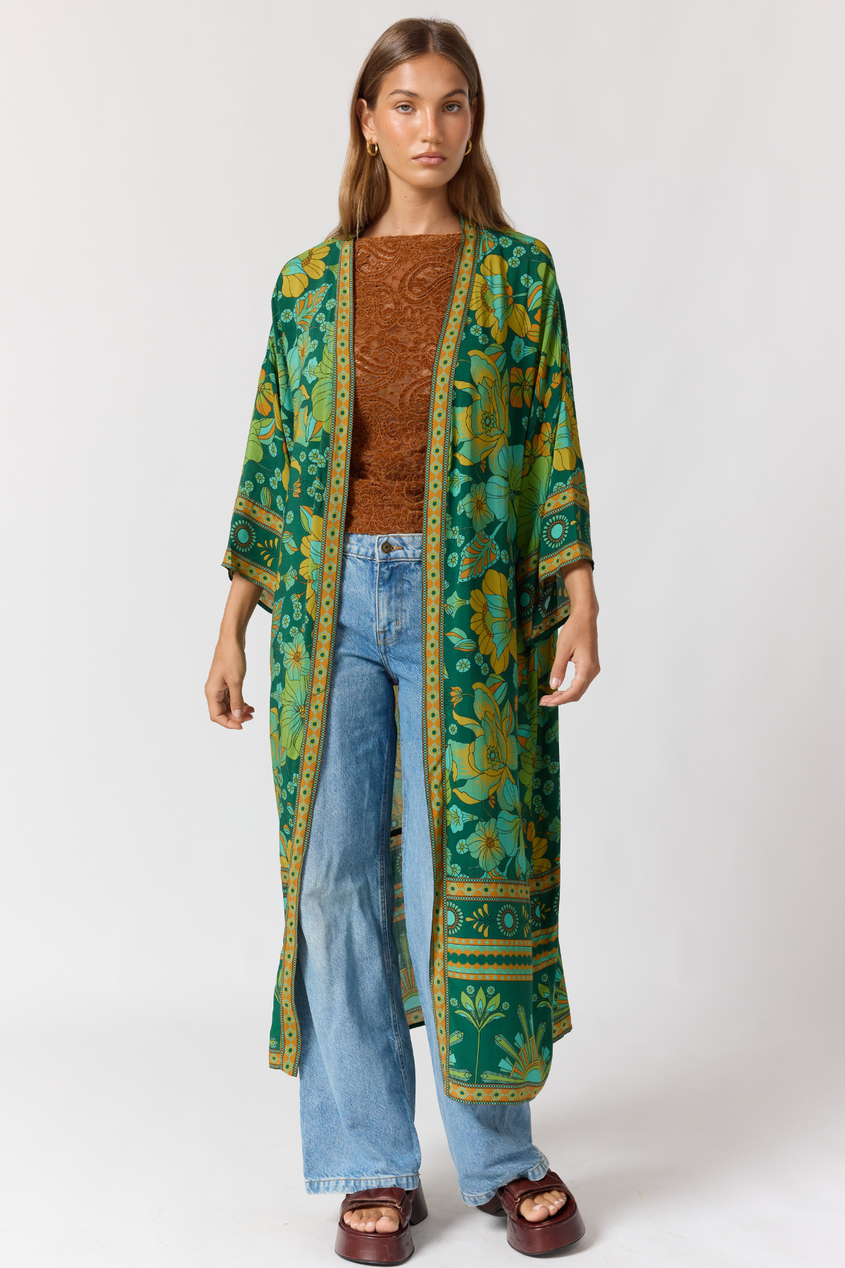 和ROBE / WA RM STOLE Jade Robe – Emerald Cotton Voile Open Front Statement Robe – Nine