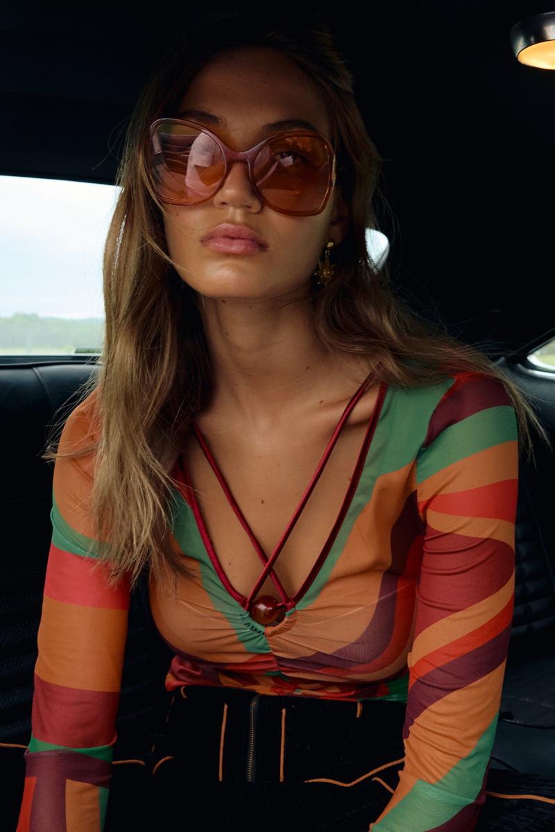 Psychedelic Long Sleeve Top – V-Neck Gathered Top – Nine Lives Bazaar