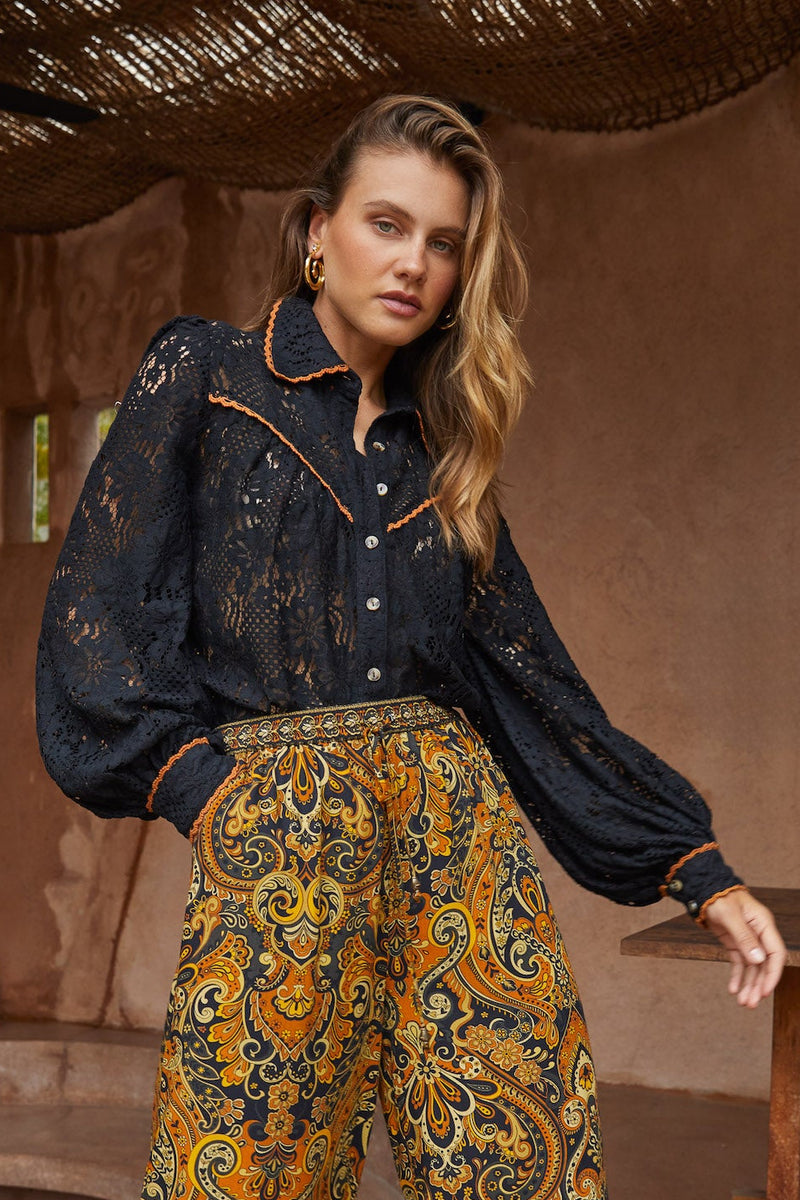 Adriana Blouse | Lace Poet Sleeve with Statement Collar – Nine