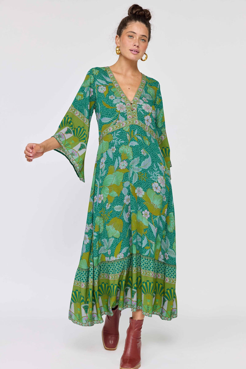 chinese dress ladies Evergreen Velvet Short Sleeve Shirred Waist Tiered Maxi Dress – Emmeline's  Fashion main image 1
