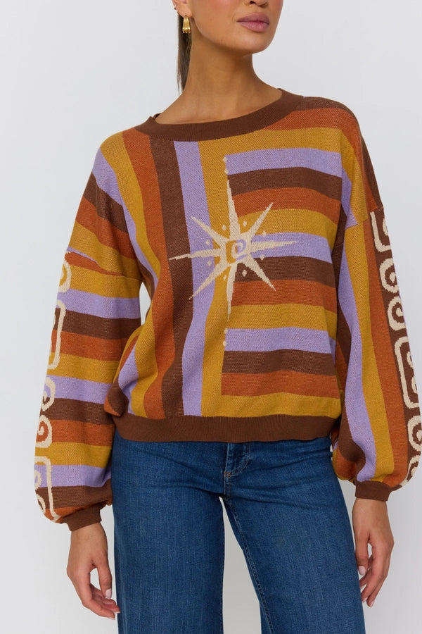 Person wearing a colorful patterned sweater with a star design on a white background