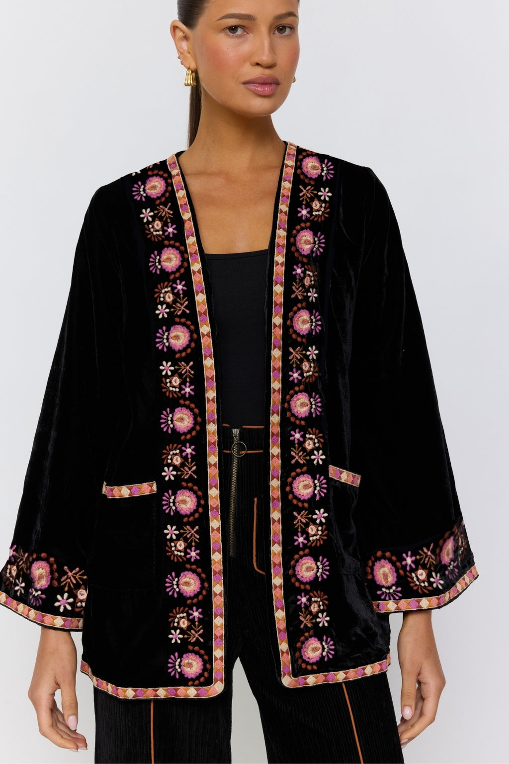 Janis Velvet Jacket – Embroidered Longline Statement Coat – Nine