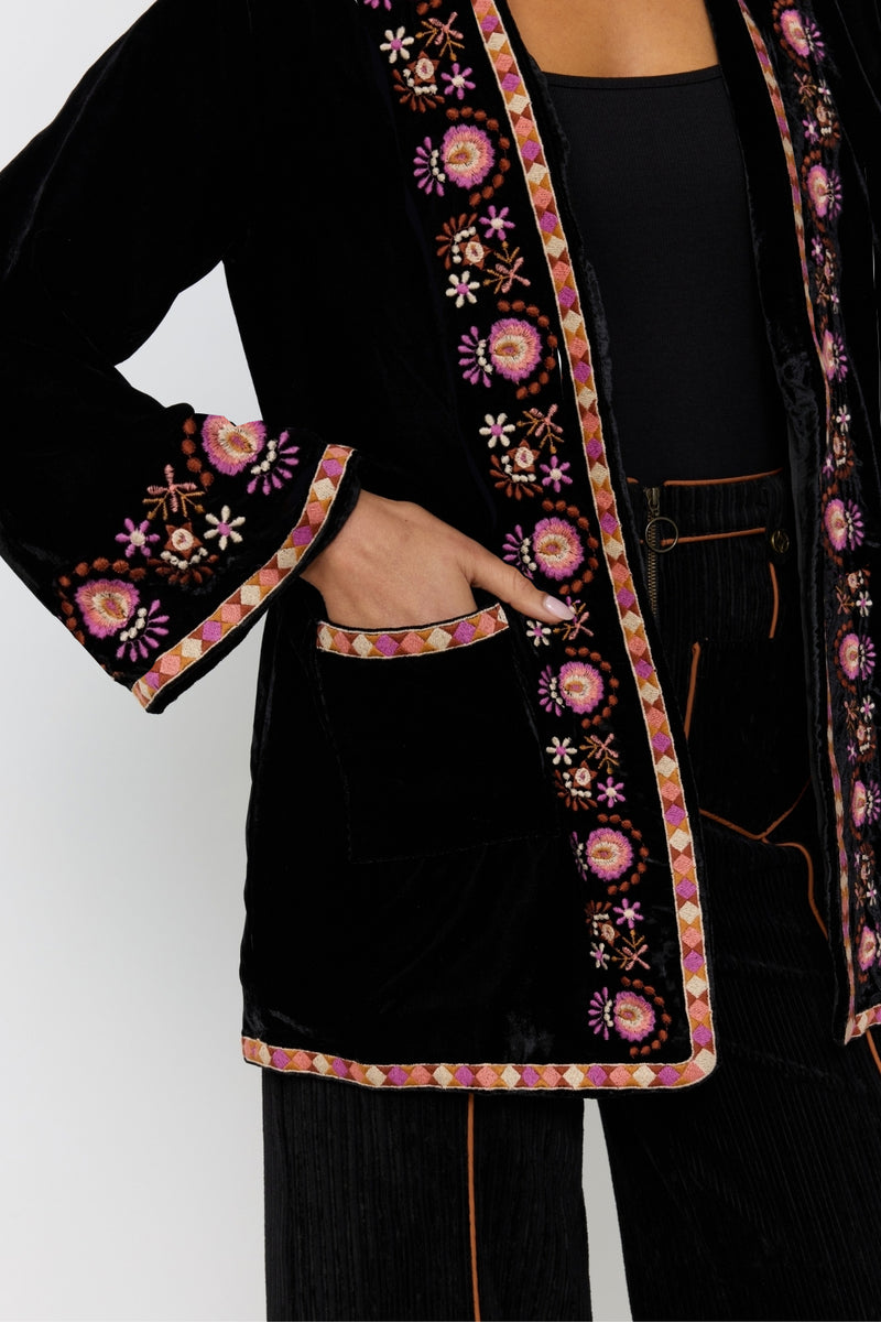 Janis Velvet Jacket – Embroidered Longline Statement Coat – Nine