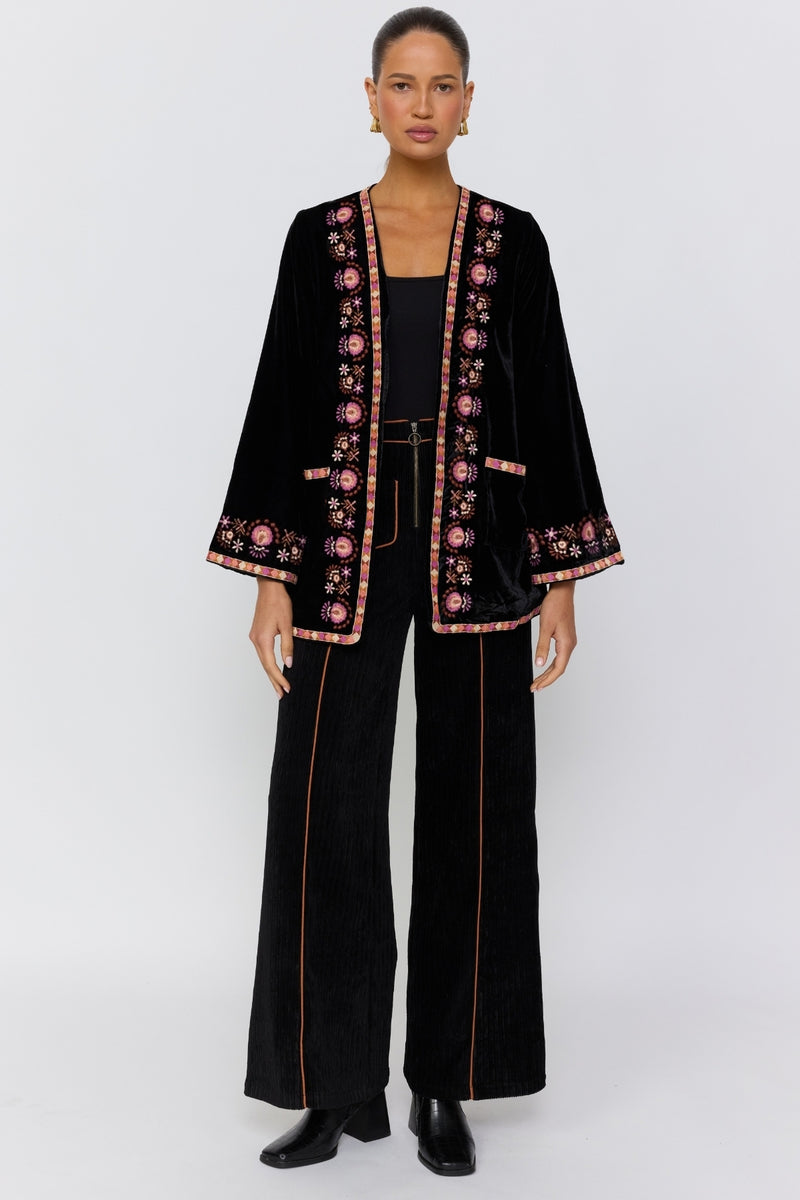 Janis Velvet Jacket – Embroidered Longline Statement Coat – Nine