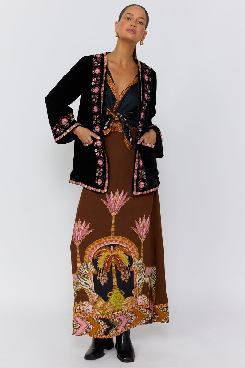 Janis Velvet Jacket – Embroidered Longline Statement Coat – Nine