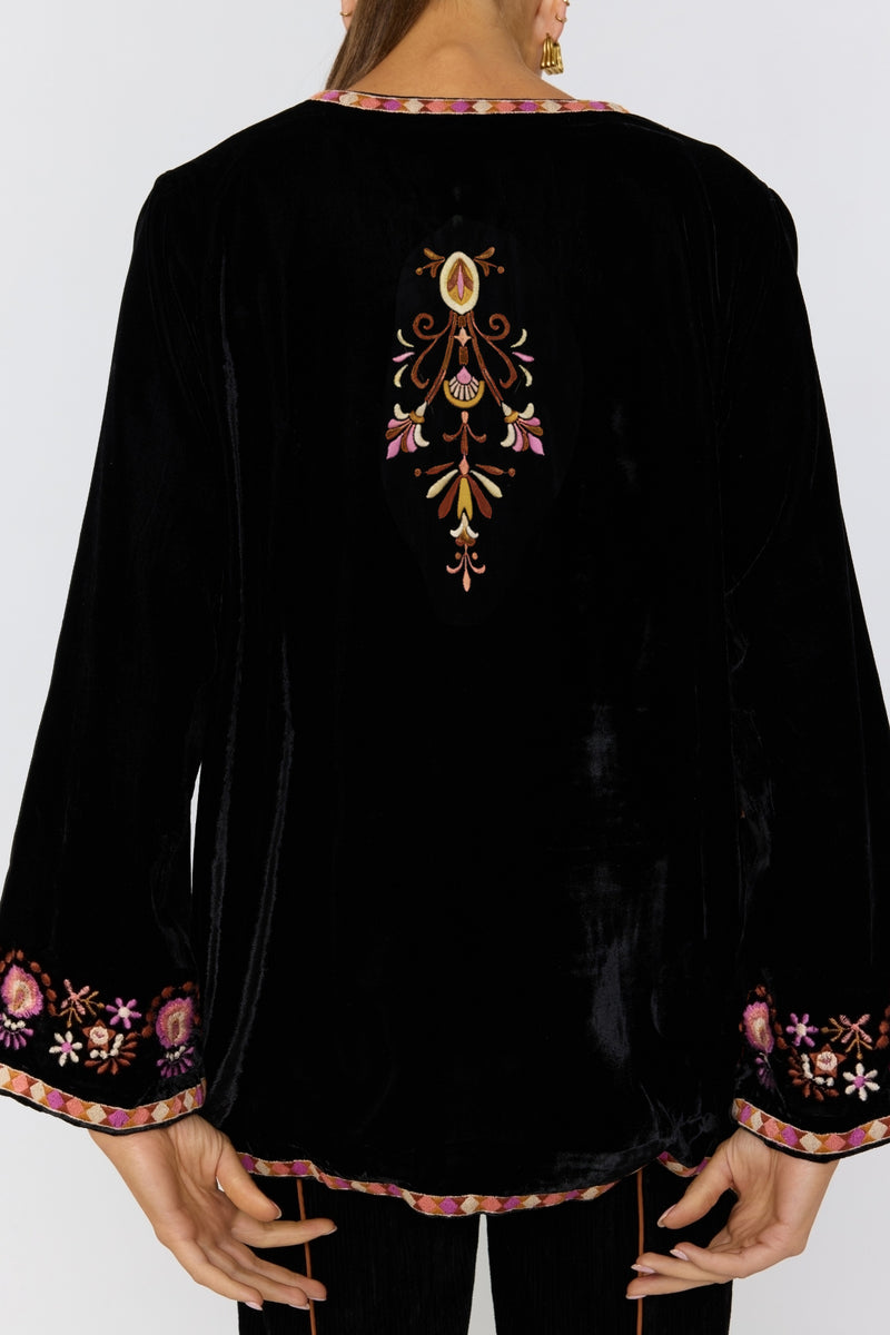 Janis Velvet Jacket – Embroidered Longline Statement Coat – Nine