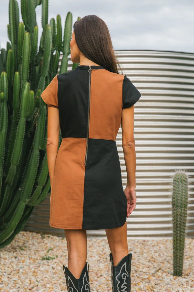 Woman wearing a black and brown dress with cacti in the background