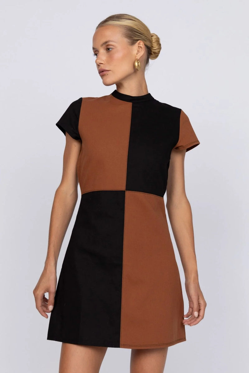 Woman wearing a black and brown checkered dress on a white background