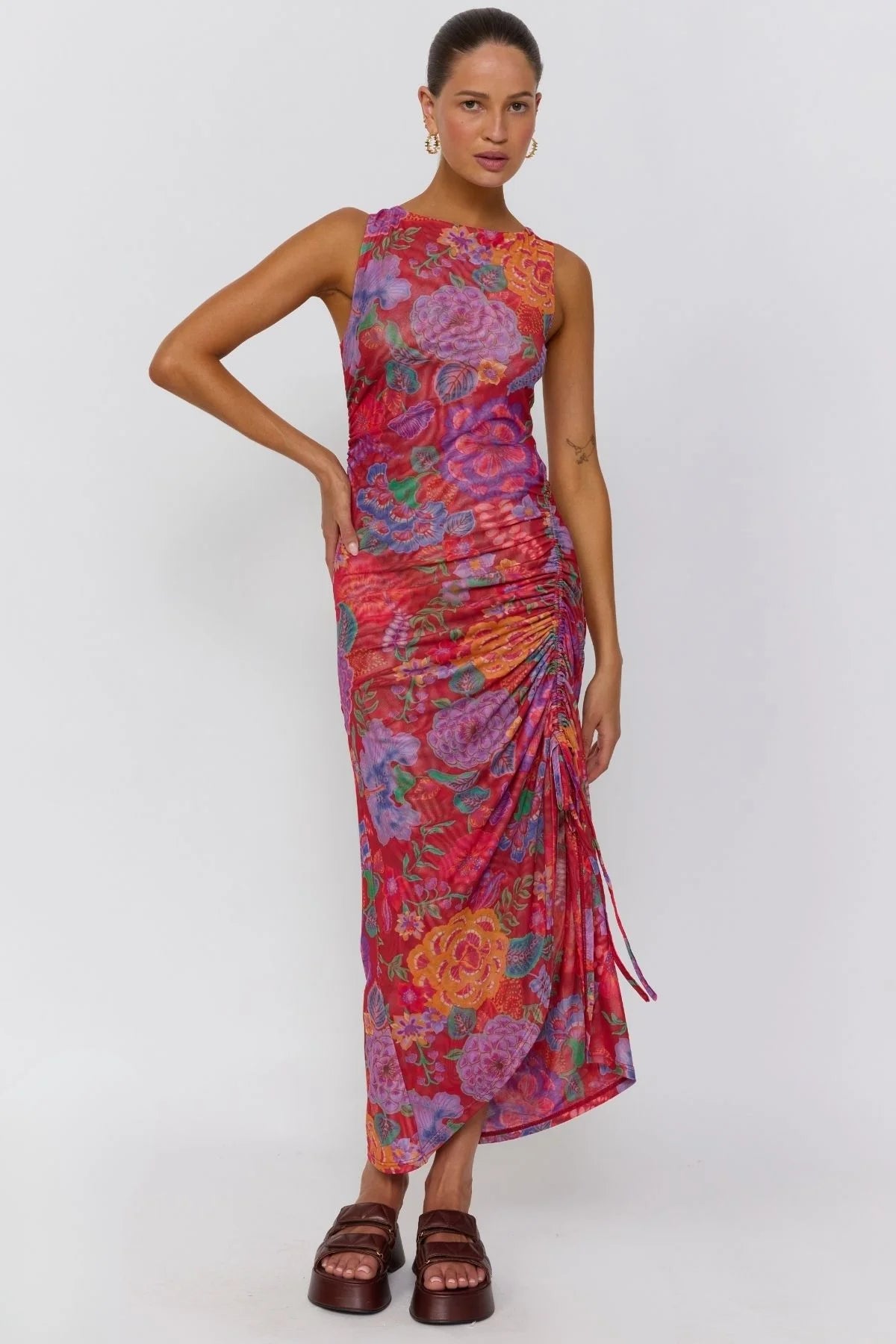 rhaziya midi dress Tullah Midi Dress Royal Rouge – Ruched Mesh Midi