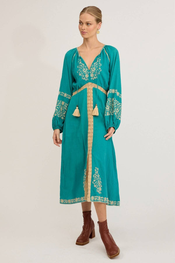 Agnes Embroidered Midi Dress - Turquoise