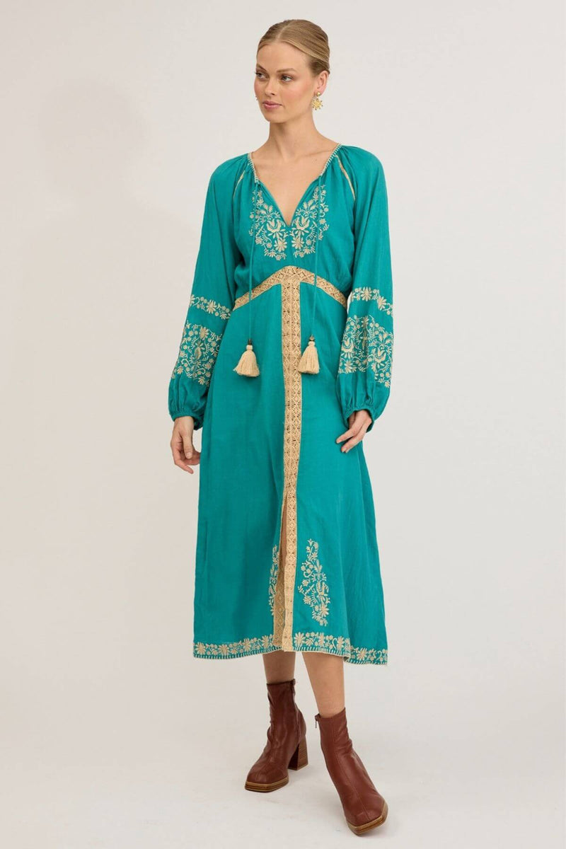 Agnes Embroidered Midi Dress - Turquoise