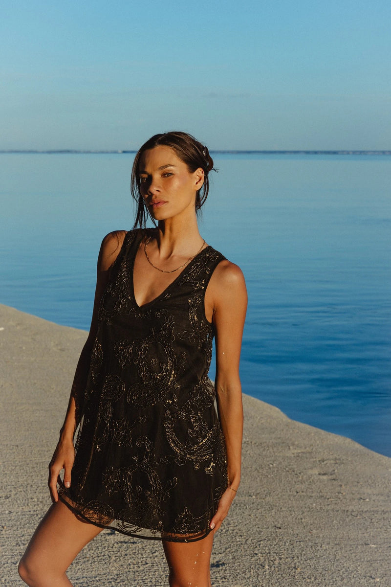 lace and beads fiona dress Mini Smoky Quartz | Beaded Party Dress Color:Black/Silver Sheer black lace and レッグアクセサリー Made in USA Tiffany