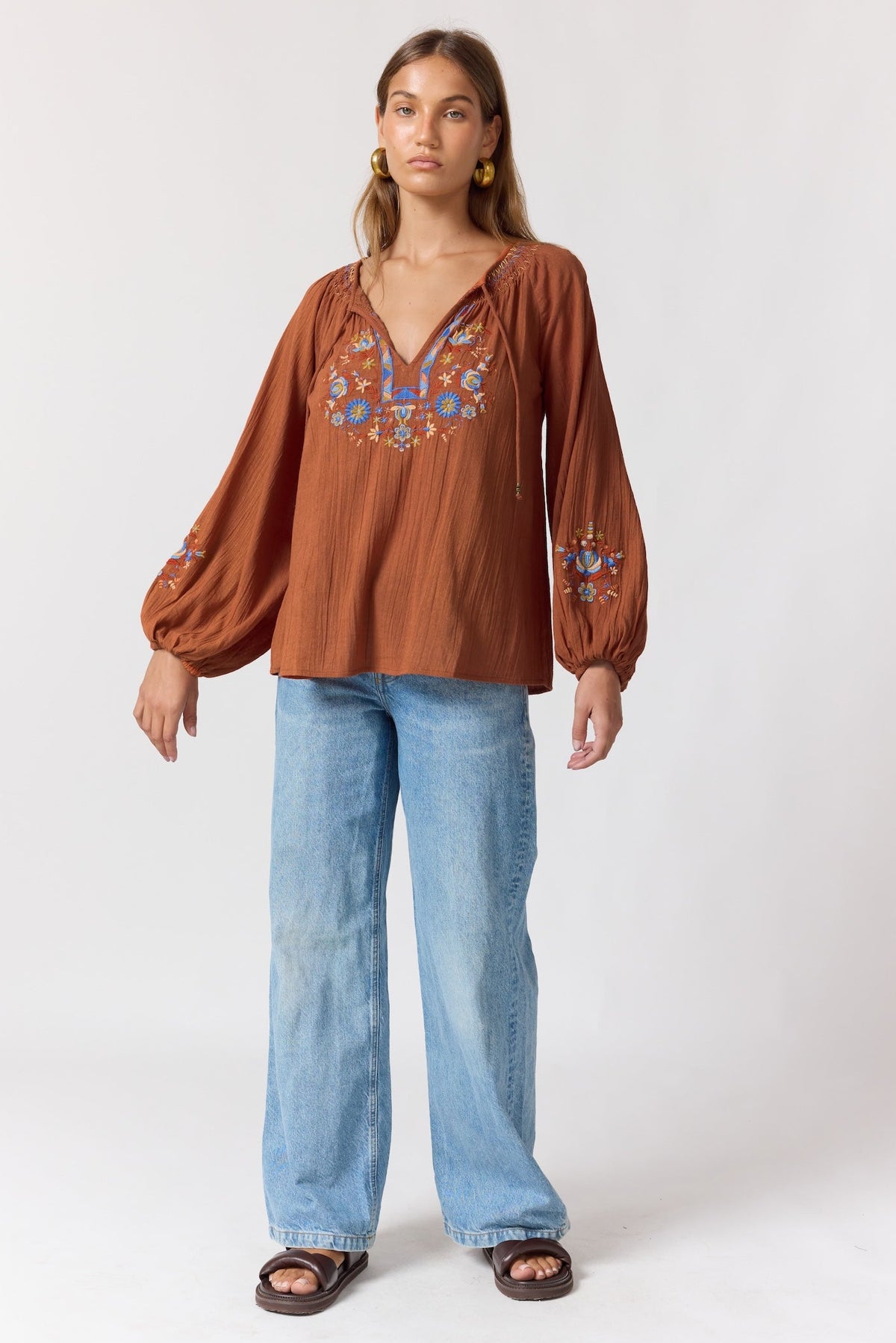 Lane Blouse | Embroidered Cotton Poet Sleeve Top – Nine Lives Bazaar