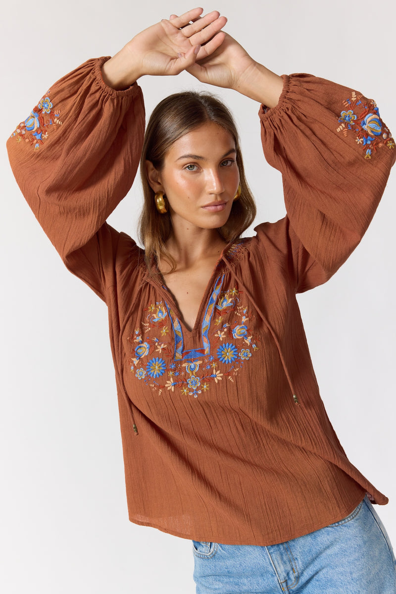 Lane Blouse | Embroidered Cotton Poet Sleeve Top – Nine Lives Bazaar
